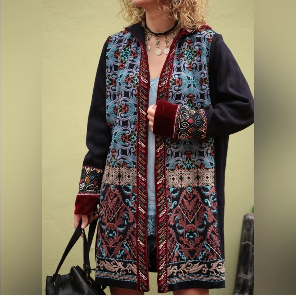 Soft Surroundings Lysa Sweater Coat Beaded Embroidered Hooded Cardigan